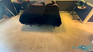 Brunette Housewife Vacuums Bedroom In Tight Natural Tits