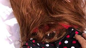 naughty guy pumps thick creampie deep into stepdaughter's wet pussy with red sheer sex toy