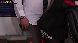 Redhead office secretaries in outfits group wank colleague's cock during cfnm femdom hj at work