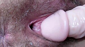 huge dildo pounds wet hairy pussy extreme closeup!