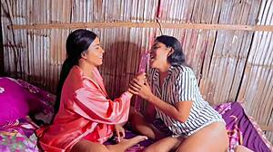 She shoves toy deep in stepmom's wet pussy while they moan together