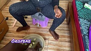 Ebony milf wife teases cuck hubby in lingerie foot fetish bedroom series