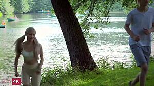 petite SHAVED BLONDE JOGS then gets DOGGY FUCKED FACIALIZED cowgirl ride!!