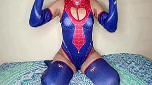 gf's superhero costume led to passionate Halloween bedroom creampie sex