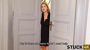 curvy bimbo teen 18+ with big tits stuck in doorway begs for hardcore doggystyle fuck