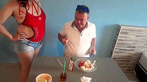 bold naked waitress serves pussy from her navel at restaurant