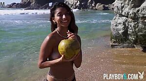 Tiny Mexican Carolina Reyes Strips on Beach for Playboy!