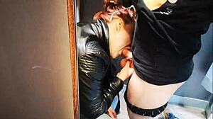 Public Dressing Room Blowjob Ends In Gushing Cumshot Blast