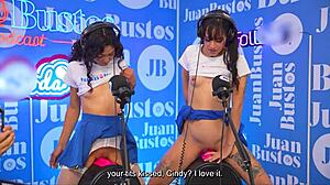 two hot colombian lesbians ride fuckmachine to squirting orgasms on juan's podcast casting