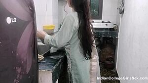 in the kitchen the sexy indian bhabhi moans loud as her devar fucks her hard from behind doggystyle before creampie and cum in mouth with hindi audio