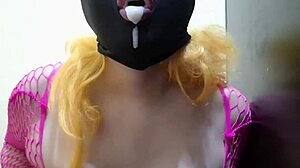 Cute tgirl slurps black dildo deep then gulps fake cum load