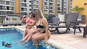 curvy lesbians scissoring sucking toes in oiled pool orgy party