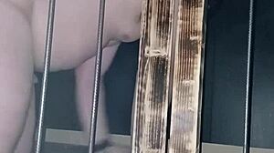 maitresse kantalis chained in club CAGE for CARCAN bdsm toilet slave play