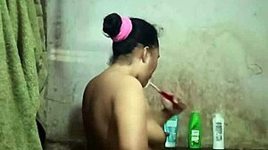 Indonesian housewife strips naked big tits shower