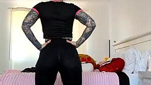 milf teases huge tits and ass through sheer leggings up close