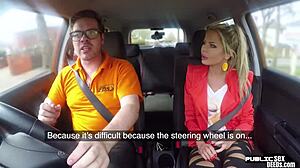 Busty blonde euro babe rides instructor cock publicly in car backseat