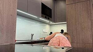 Curvy blonde coed miniskirt flashes fat ass big natural tits during chores