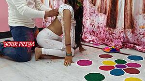 Indian Priya's Rough Wedding Fuck with Step Brother During Holi Festival Party in Homemade HD