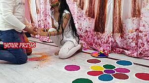 Indian Priya's Rough Wedding Fuck with Step Brother During Holi Festival Party in Homemade HD