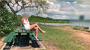 wife flashes shaved pussy no panties swinging outdoor upskirt voyeur!!