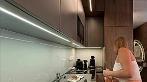 Curvy blonde coed miniskirt flashes fat ass big natural tits during chores