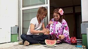 what a massive load blasting this traditional japanese girl's small tits in her dress