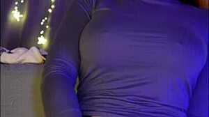 Redhead with blue eyes rides dildo hard in net while teasing cum