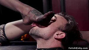 she ties him up busty mistress forces foot worship