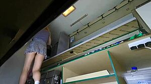 Sexy hostess upskirt reveals big puffy shaved pussy lips on hidden cam pov