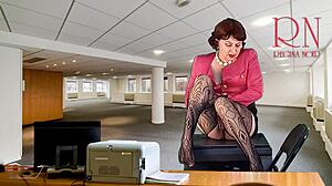 secretary goddess rips clothes bares heels stockings pussy tits for boss office wank