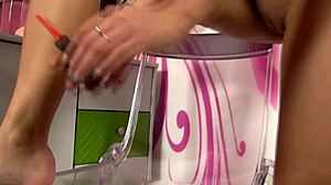 Busty hottie gulps her own pee down!