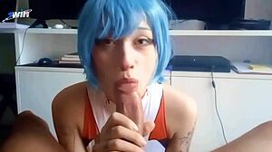 skinny black teen nerd gives rei cosplay blowjob cum
