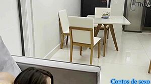 Hammering big brazilian ass while she cooks in sheer see-through tease