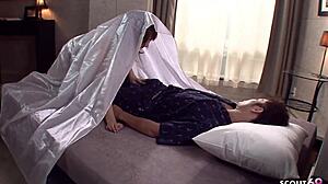 Japanese Stepmom's Wake-Up Blowjob and Pussy Grind Handjob Cumshot