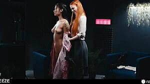 asian babe freezes into fuckdoll redhead dominates her pussy hard